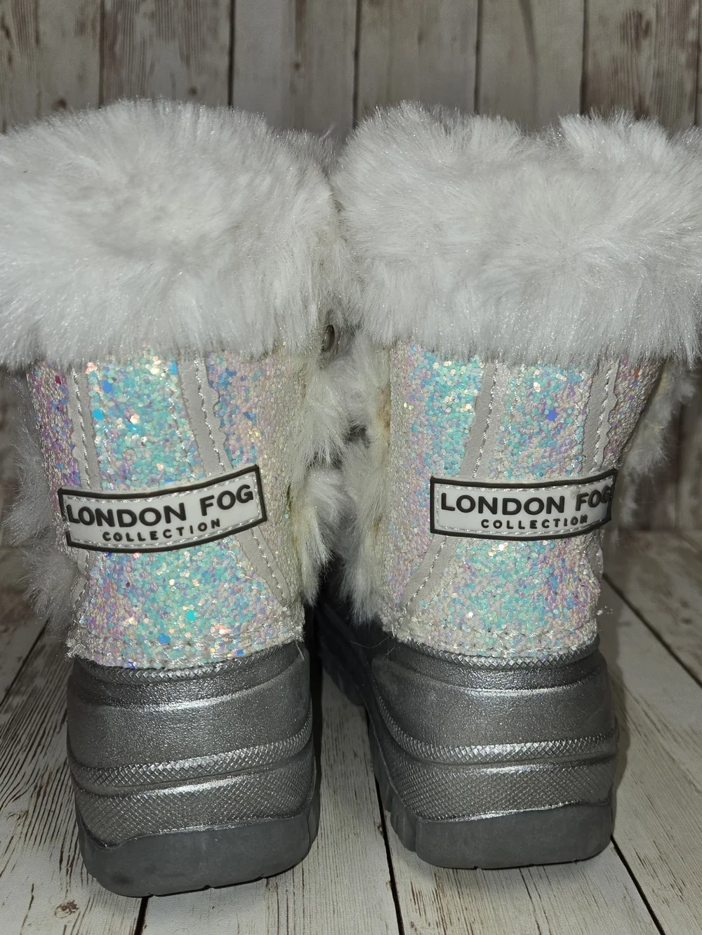 London Fog Girls Size 7M Silver Glitter Faux Fur Winter Snow Boots